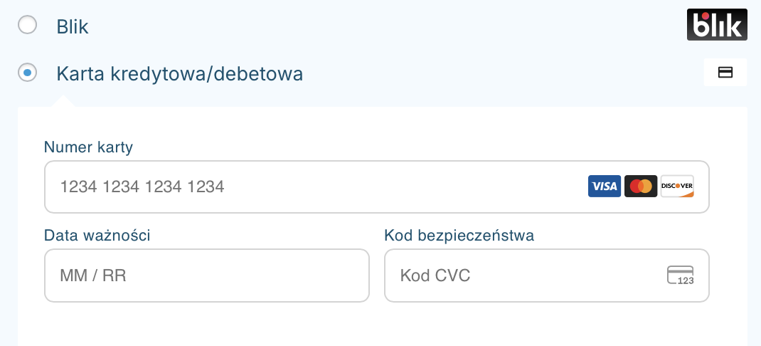 Koszyk: formularz karty z polami na numer karty, datę ważności i kod CVC