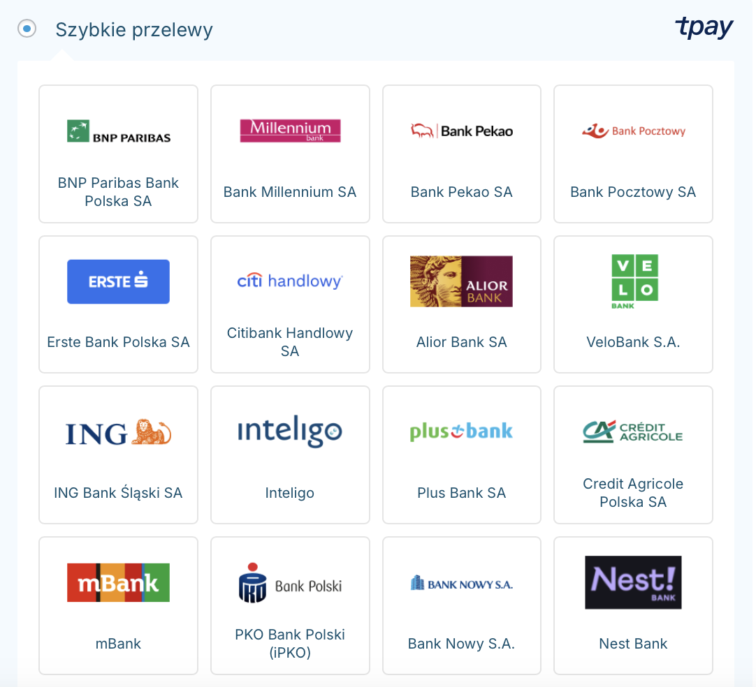 Koszyk: lista banków dostępnych w szybkich przelewach Tpay