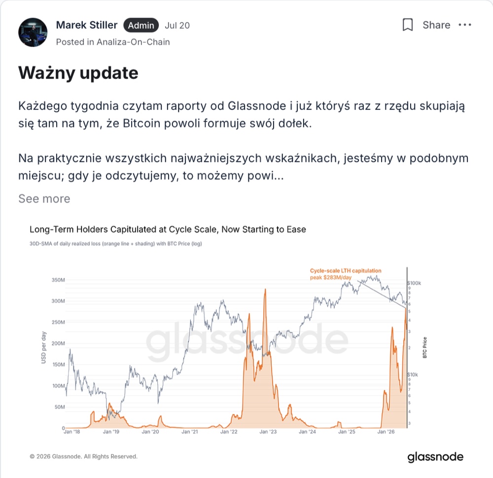 Wpis Marka Stillera z analizą on-chain i wykresem Glassnode
