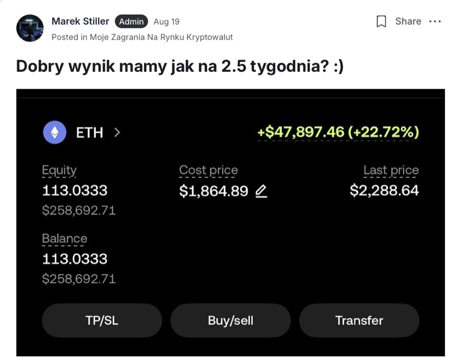 Wpis Marka Stillera w grupie mentoringu z podglądem pozycji ETH