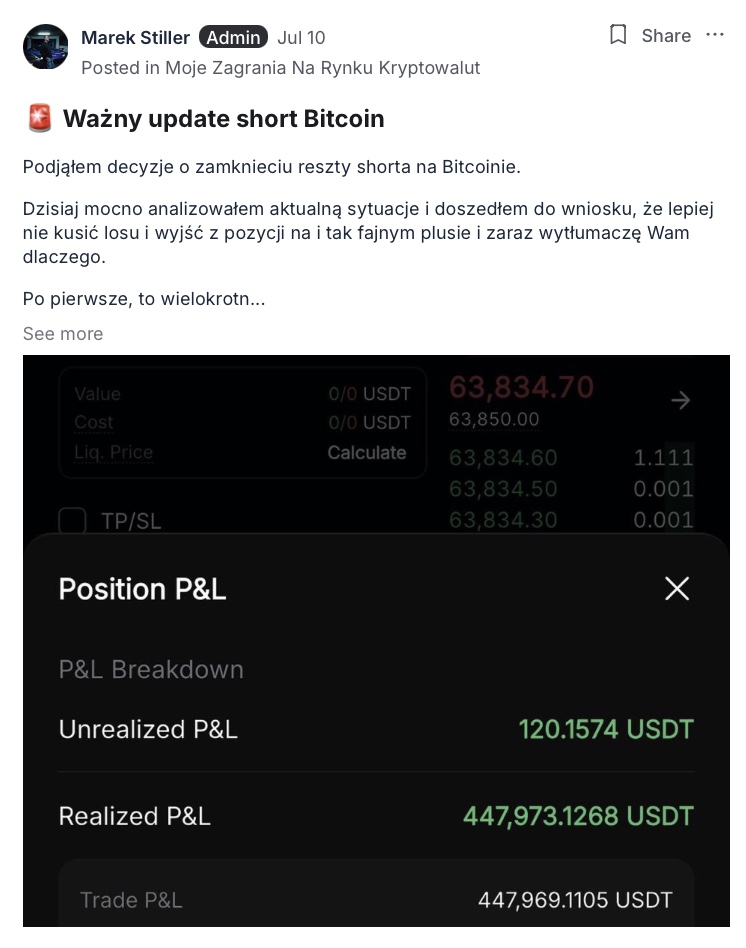 Wpis o zamknięciu pozycji short na Bitcoinie z wyjaśnieniem powodów